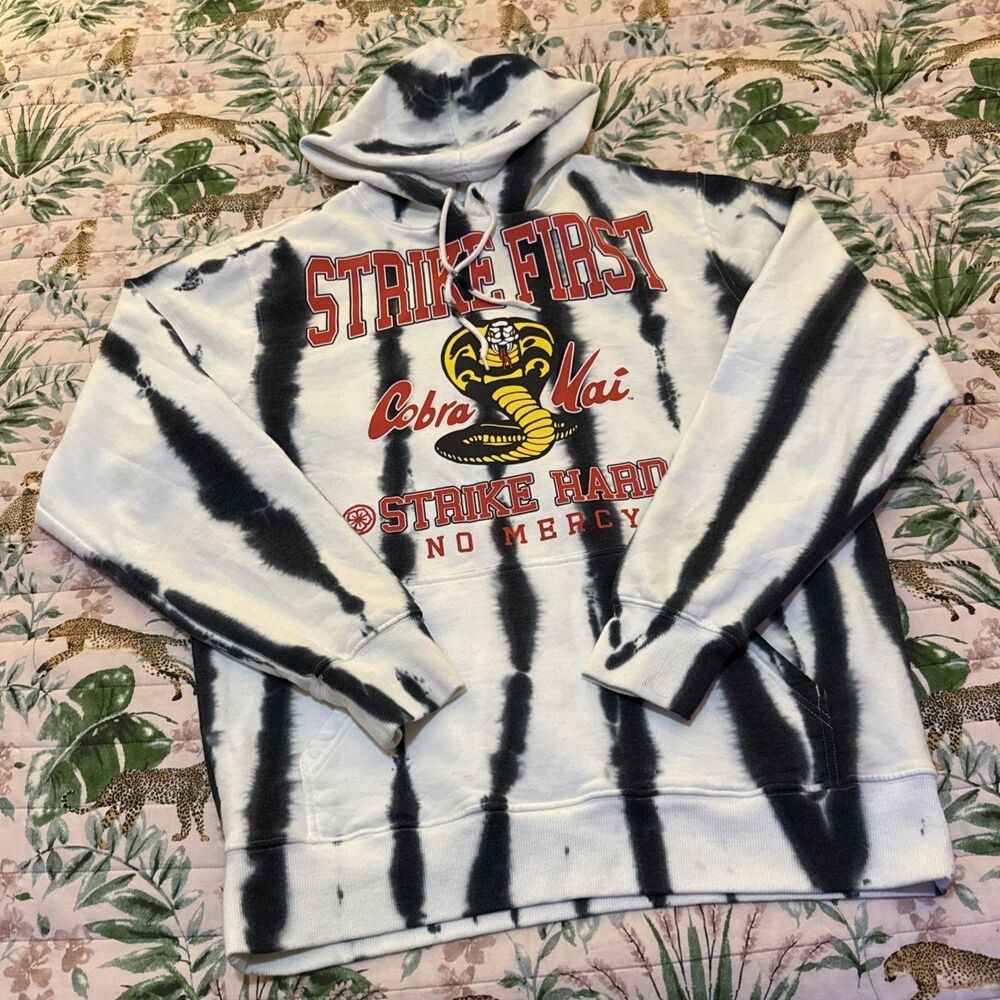 Cobra Kai Large Hoodie Strike First No Mercy Karate Kid Black/ White Tie Dye